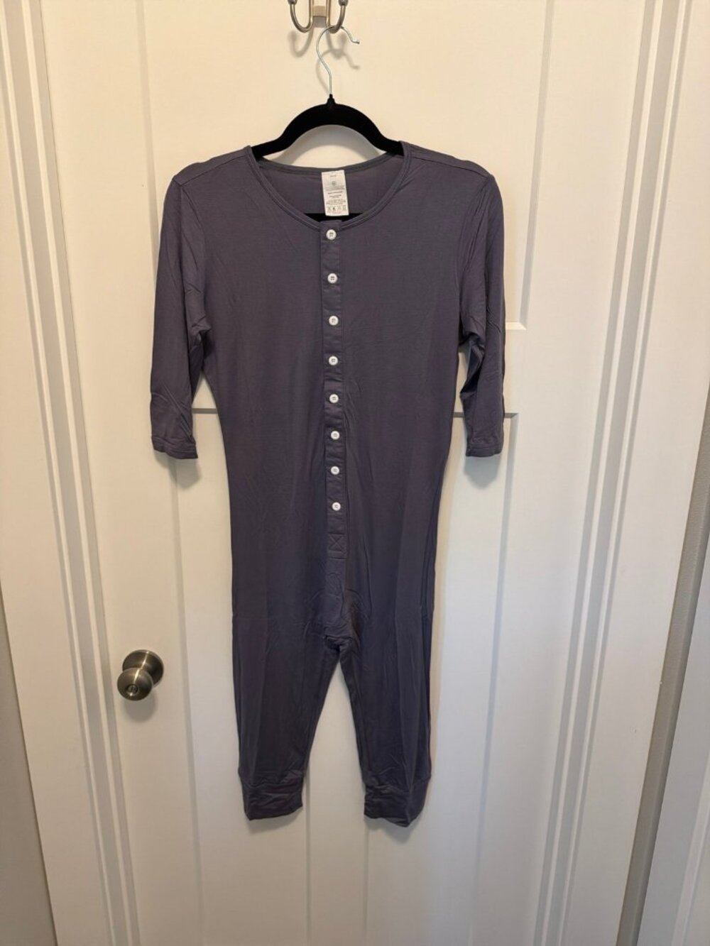 Grey union suit (also commonly referred to as a one-piece henley pajama or